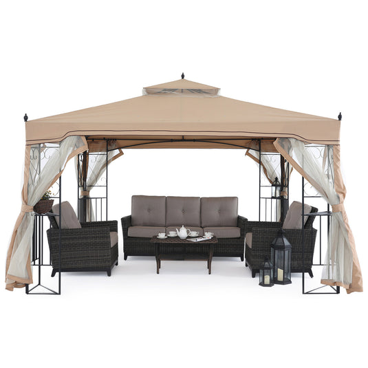 10x10/10x12 Patio Outdoor Gazebo with Netting Screen Walls and Corner Shelf Design