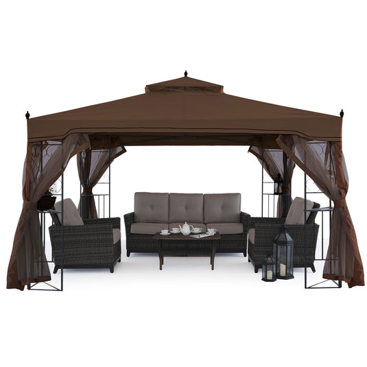 10x10/10x12 Patio Outdoor Gazebo with Netting Screen Walls and Corner Shelf Design