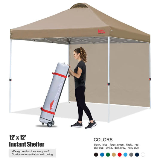Leisure Sports Durable Ez Pop‑up Canopy Tent with One Sidewall – 10x10, 12x12