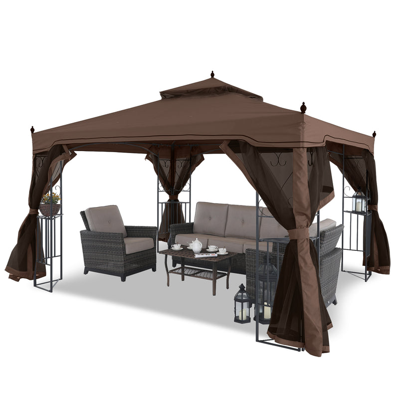Load image into Gallery viewer, 10x10/10x12 Patio Outdoor Gazebo with Netting Screen Walls and Corner Shelf Design