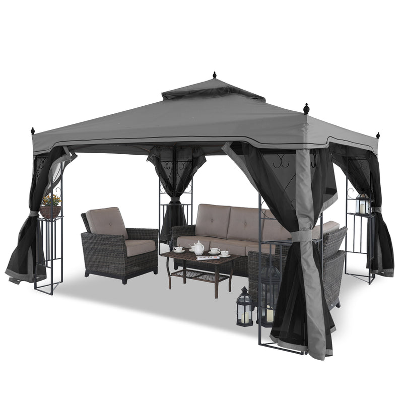Load image into Gallery viewer, 10x10/10x12 Patio Outdoor Gazebo with Netting Screen Walls and Corner Shelf Design