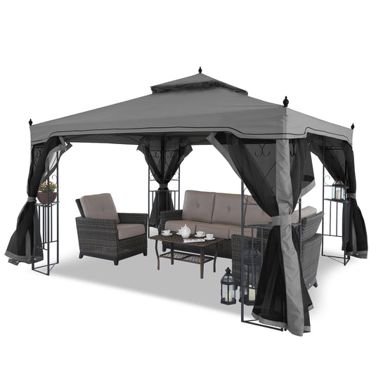 10x10/10x12 Patio Outdoor Gazebo with Netting Screen Walls and Corner Shelf Design