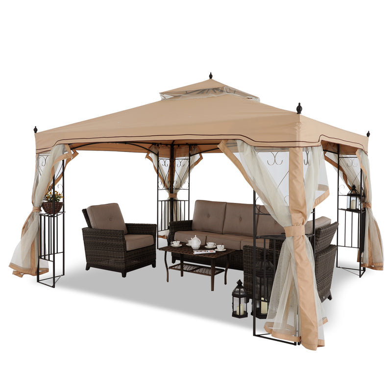 Load image into Gallery viewer, 10x10/10x12 Patio Outdoor Gazebo with Netting Screen Walls and Corner Shelf Design