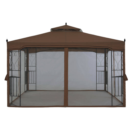 10x10/10x12 Patio Outdoor Gazebo with Netting Screen Walls and Corner Shelf Design