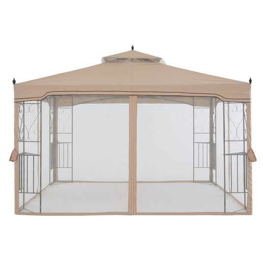 10x10/10x12 Patio Outdoor Gazebo with Netting Screen Walls and Corner Shelf Design