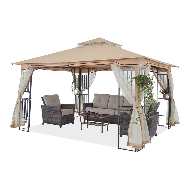 Load image into Gallery viewer, 11x11/13x11 Patio Outdoor Gazebo with Netting Screen Walls and Corner Shelf Design
