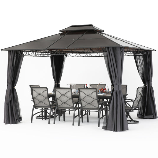 10x10/10x12 Hardtop Patio Double Roof Outdoor Aluminum Gazebo with Curtains and Netting