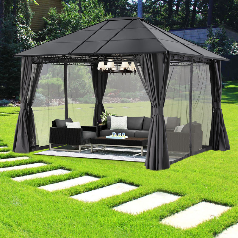 Load image into Gallery viewer, 10x12 Outdoor Hardtop Gazebo Aluminum Frame Polycarbonate Top Canopy with Curtains and Netting
