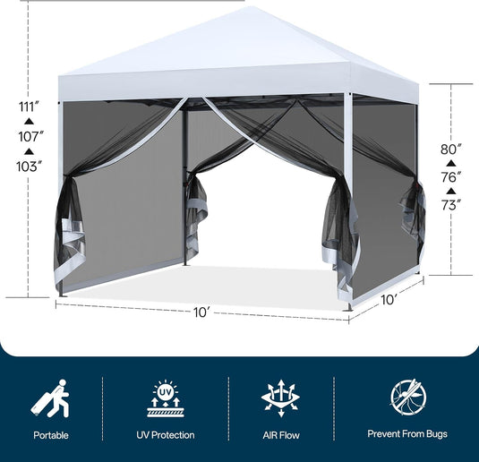 Leisure Sports Pop-Up Easy Setup Outdoor Canopy Tent with Netting Screen Walls - 8x8, 10x10