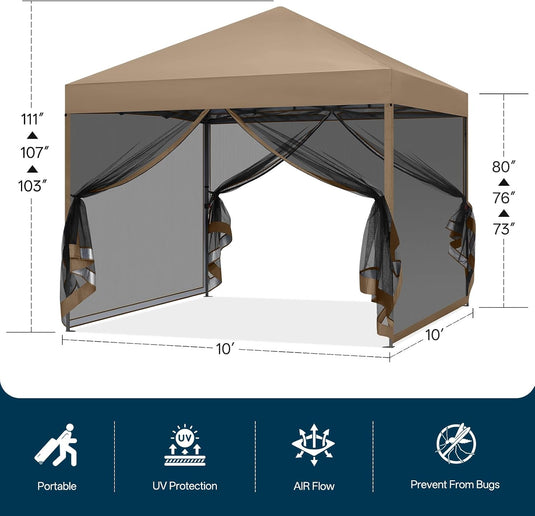 Leisure Sports Pop-Up Easy Setup Outdoor Canopy Tent with Netting Screen Walls - 8x8, 10x10