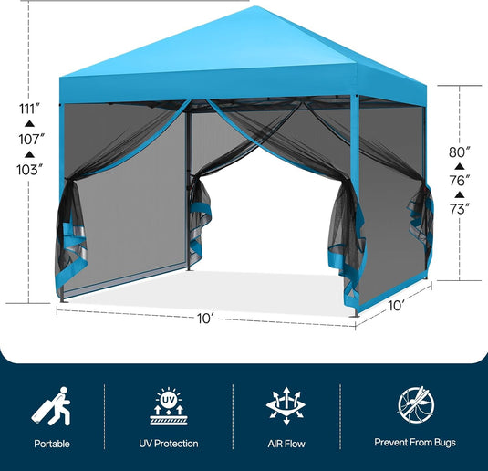 Leisure Sports Pop-Up Easy Setup Outdoor Canopy Tent with Netting Screen Walls - 8x8, 10x10