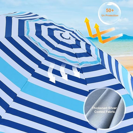 8Ribs Beach Umbrella Windproof 50+ UV Protection,with 3 Sandbags and 1 Carry Bag