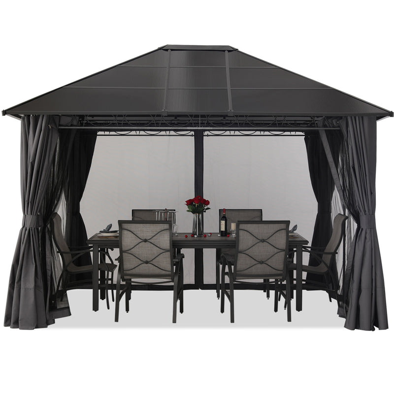 Load image into Gallery viewer, 10x12 Outdoor Hardtop Gazebo Aluminum Frame Polycarbonate Top Canopy with Curtains and Netting
