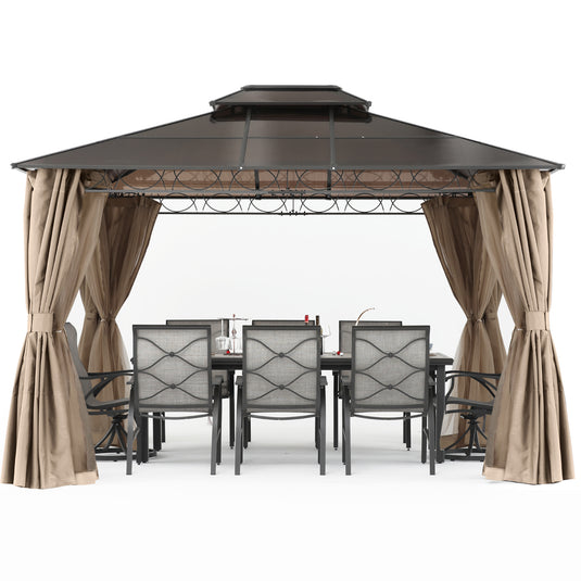 10x10/10x12 Hardtop Patio Double Roof Outdoor Aluminum Gazebo with Curtains and Netting