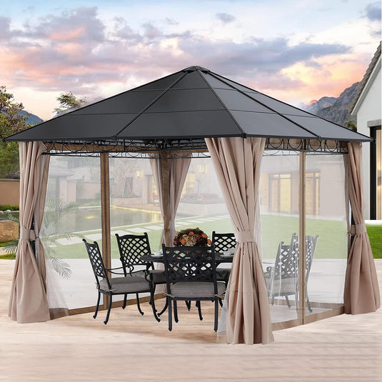 10x10 Outdoor Hardtop Gazebo Aluminum Frame Polycarbonate Top with Curtains and Netting