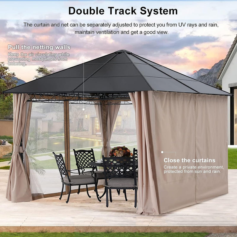 Load image into Gallery viewer, 10x10 Outdoor Hardtop Gazebo Aluminum Frame Polycarbonate Top with Curtains and Netting
