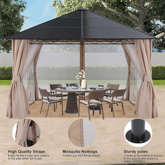 10x10 Outdoor Hardtop Gazebo Aluminum Frame Polycarbonate Top with Curtains and Netting