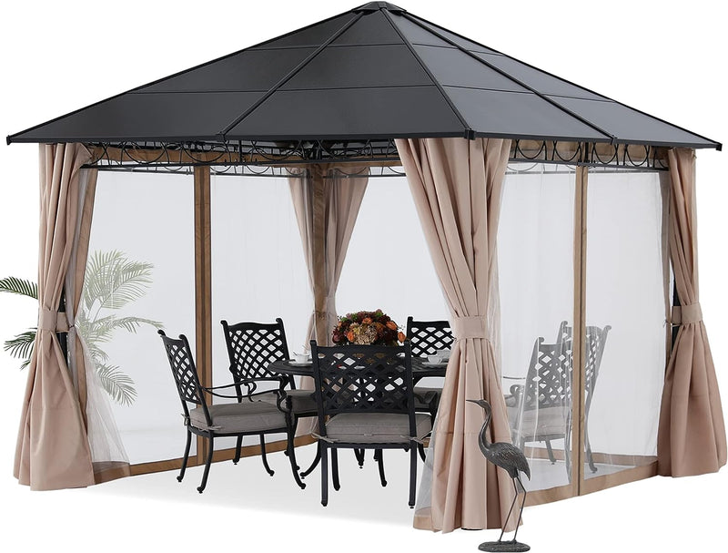 Load image into Gallery viewer, 10x10 Outdoor Hardtop Gazebo Aluminum Frame Polycarbonate Top with Curtains and Netting
