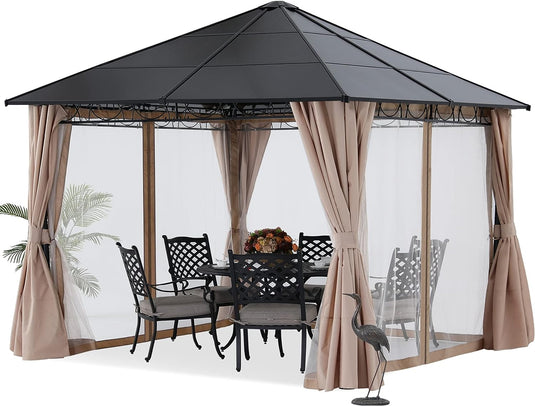 MASTERCANOPY 10x10 Outdoor Hardtop Gazebo Aluminum Frame Polycarbonate Top Canopy with Curtains and Netting