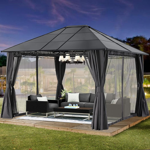 10x12 Outdoor Hardtop Gazebo Aluminum Frame Polycarbonate Top Canopy with Curtains and Netting