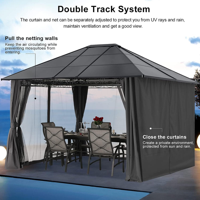 Load image into Gallery viewer, 10x12 Outdoor Hardtop Gazebo Aluminum Frame Polycarbonate Top Canopy with Curtains and Netting

