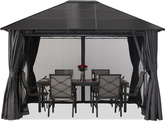MASTERCANOPY 10x12 Outdoor Hardtop Gazebo Aluminum Frame Polycarbonate Top Canopy with Curtains and Netting, Dark Gray