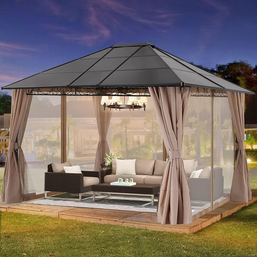 10x12 Outdoor Hardtop Gazebo Aluminum Frame Polycarbonate Top Canopy with Curtains and Netting