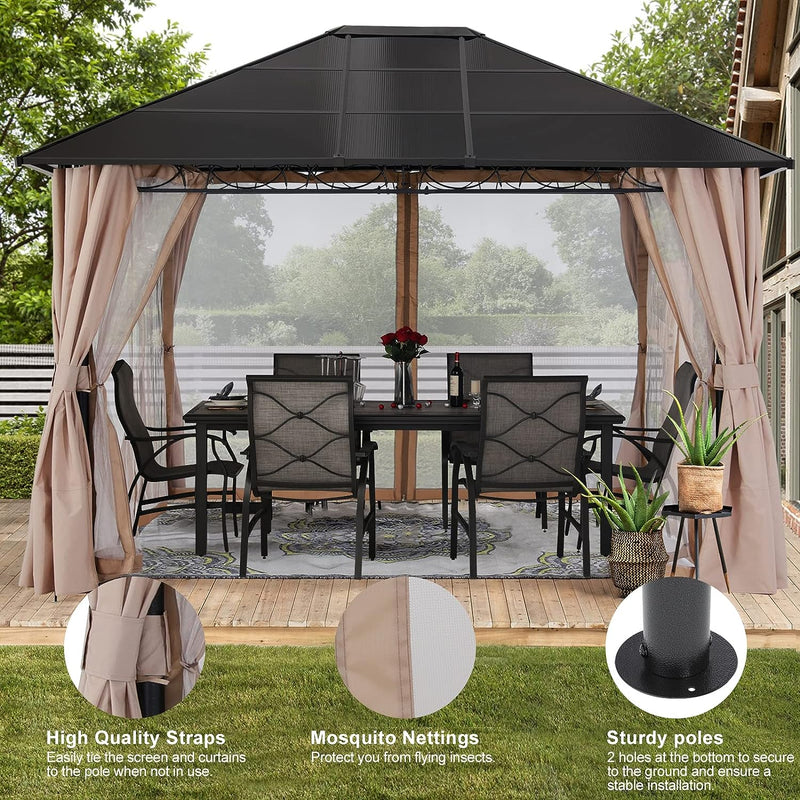 Load image into Gallery viewer, 10x12 Outdoor Hardtop Gazebo Aluminum Frame Polycarbonate Top Canopy with Curtains and Netting
