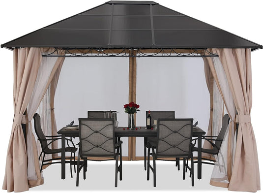 MASTERCANOPY 10x12 Outdoor Hardtop Gazebo Aluminum Frame Polycarbonate Top Canopy with Curtains and Netting, Beige