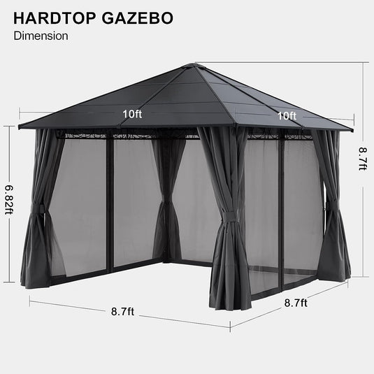 10x10 Outdoor Hardtop Gazebo Aluminum Frame Polycarbonate Top Canopy