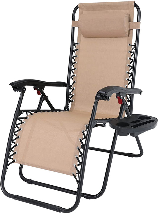 Outdoor Adjustable Zero Gravity Folding Reclining Lounge Chair with Pillow and Cup Holder