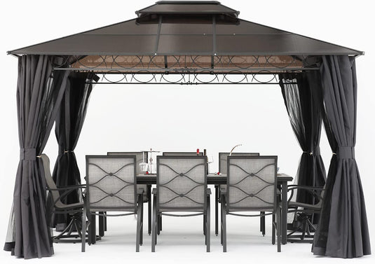 MASTERCANOPY Hardtop Patio Gazebo Double Roof Outdoor Aluminum Gazebos for Patio with Curtains and Mosquito Netting