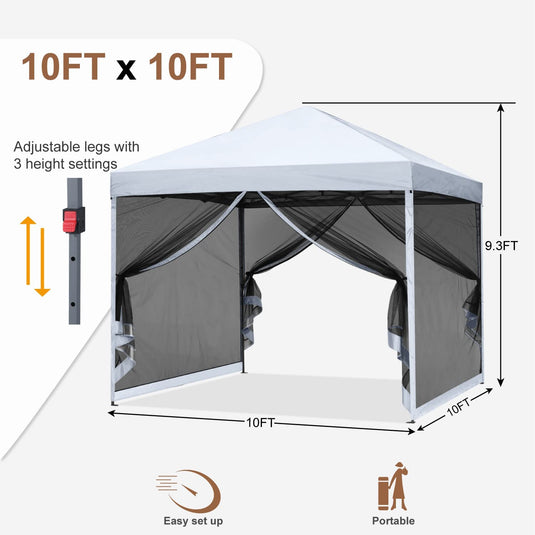 10x10 Pop-Up Easy Setup Outdoor Canopy with Netting Screen Walls (White)