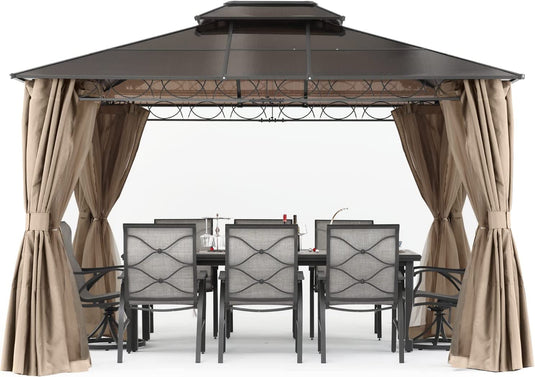 10x10/10x12 Hardtop Patio Double Roof Outdoor Aluminum Gazebo with Curtains and Mosquito Netting
