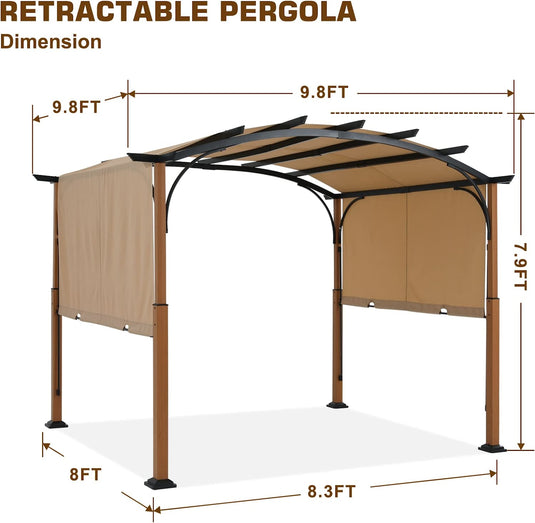 10x10/10x12 Outdoor Retractable Pergola Canopy Patio Metal Garden Gazebo