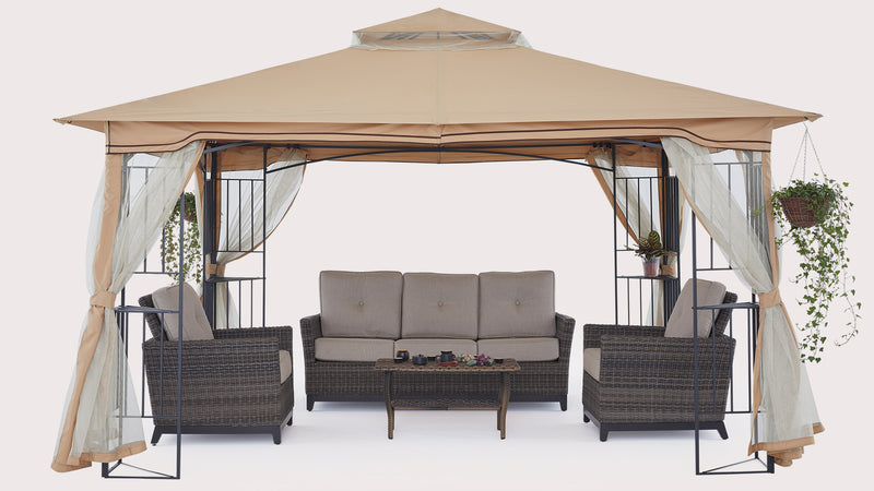 Load and play video in Gallery viewer, 10x10/10x12/11x11/11x13 Patio Outdoor Gazebo with Netting Screen Walls and Corner Shelf Design
