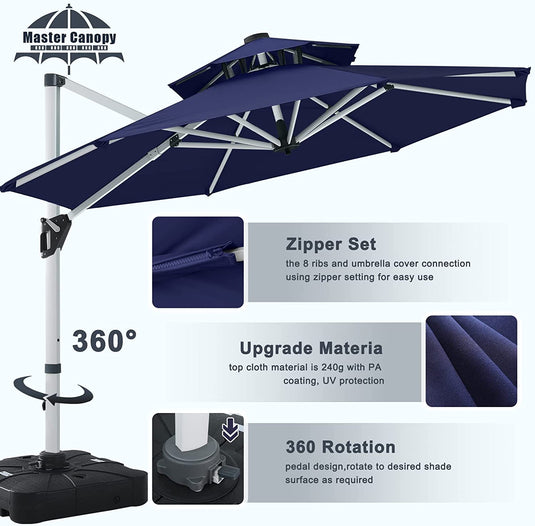 MASTERCANOPY Cantilever Patio umbrella Round Hanging with Double Layer Canopy
